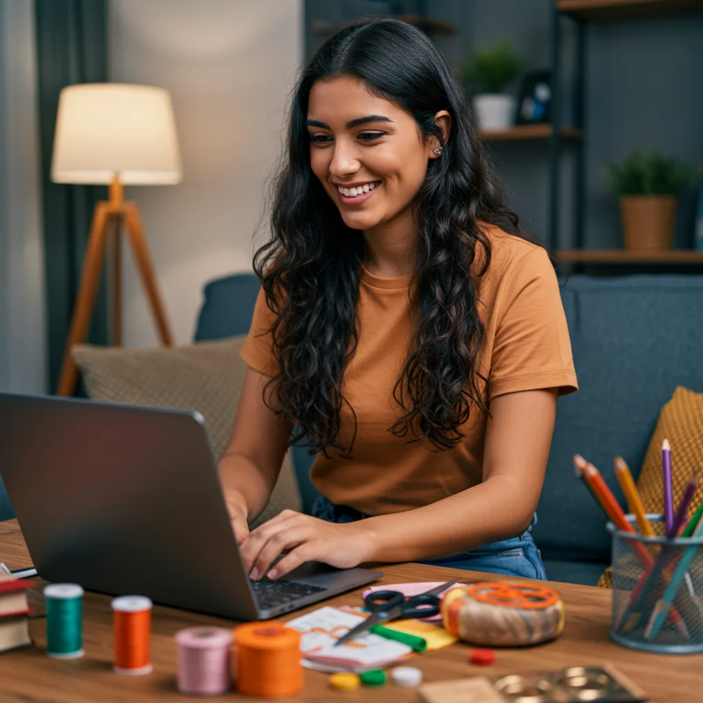 Mujer sonriendo mientras trabaja en su taller