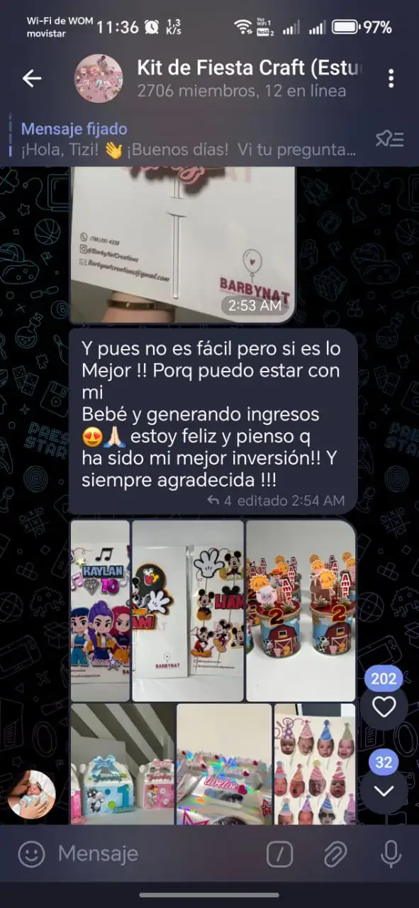 Captura de alumna agradeciendo el acompañamiento en Telegram y las clases paso a paso