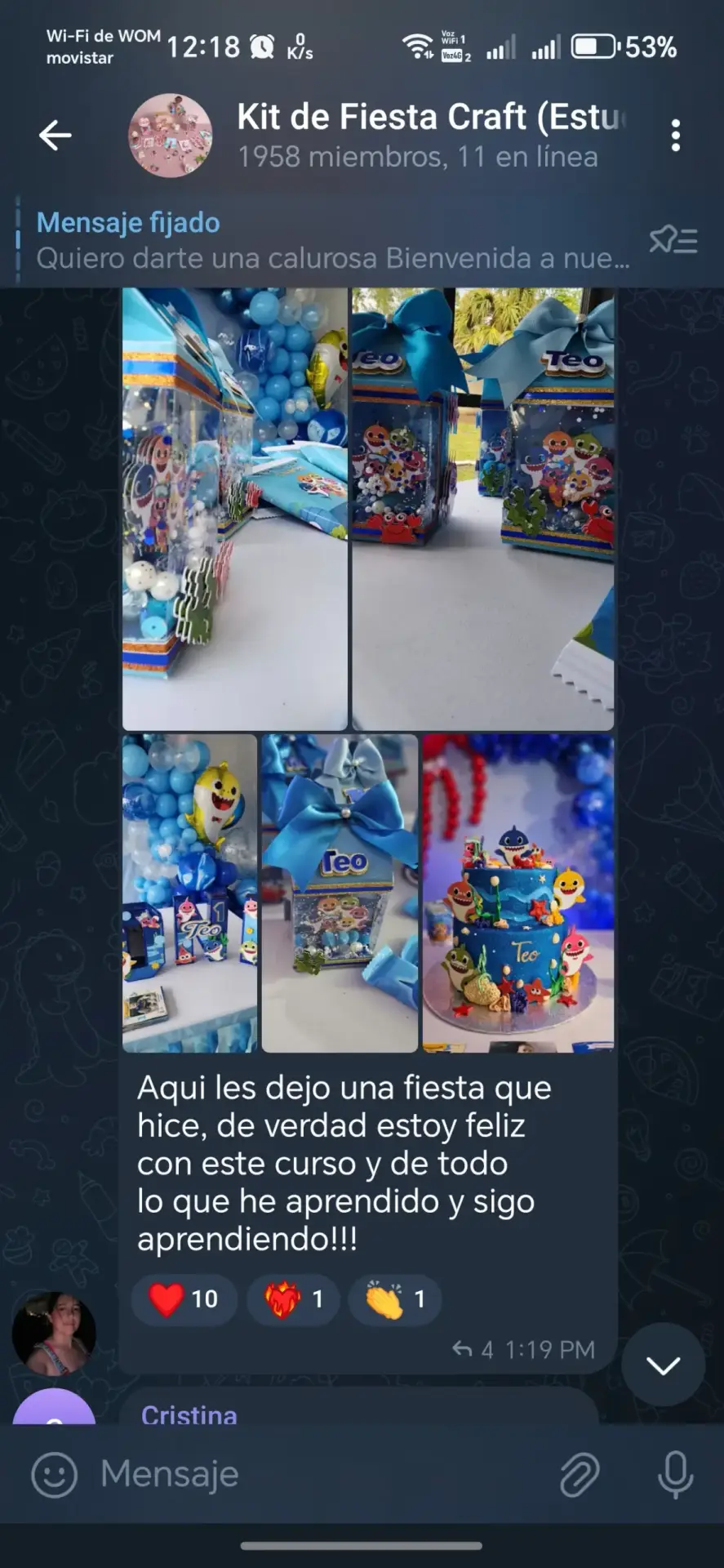 Mensaje real de alumna destacando la claridad de CanvasWorkspace y cortes sin errores