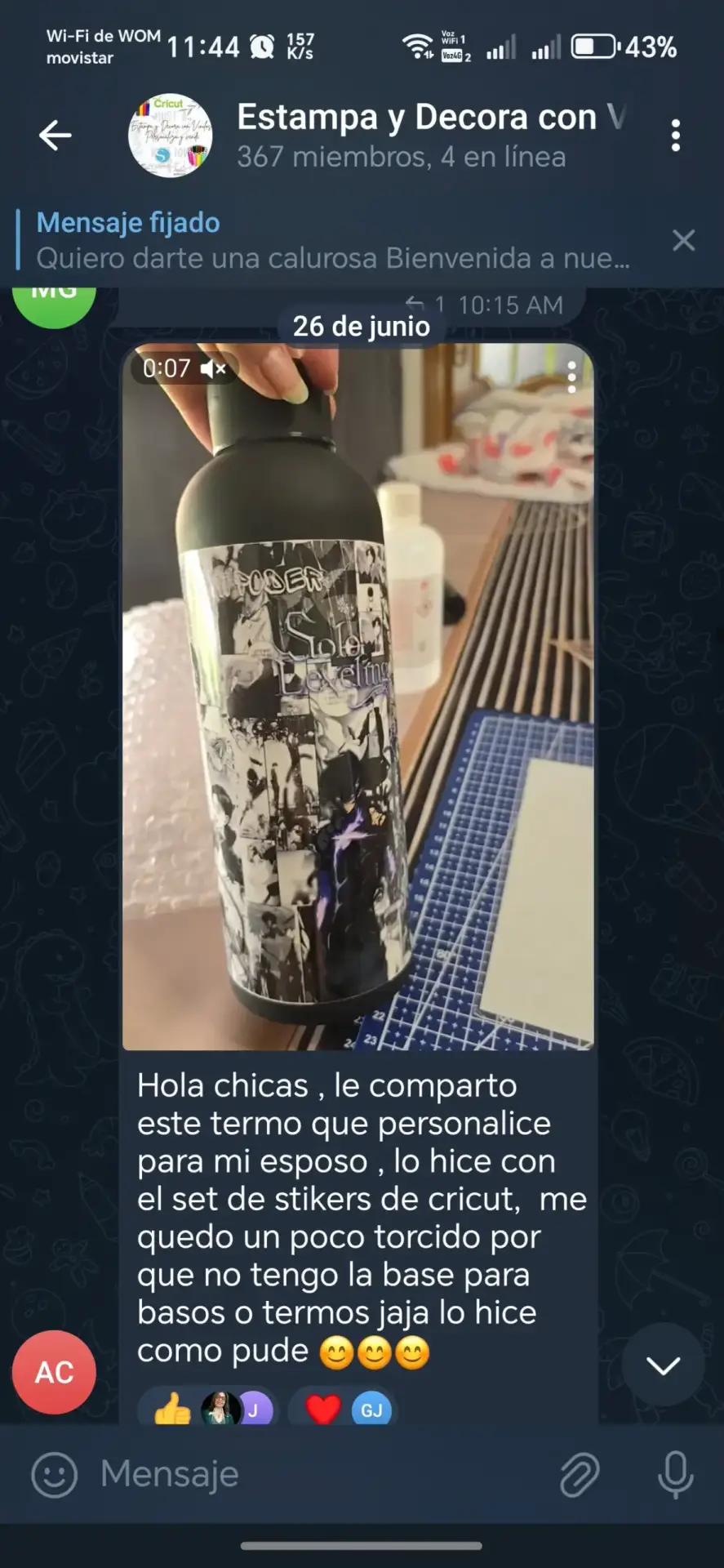 Captura de alumna agradeciendo el soporte en Telegram y las respuestas técnicas claras
