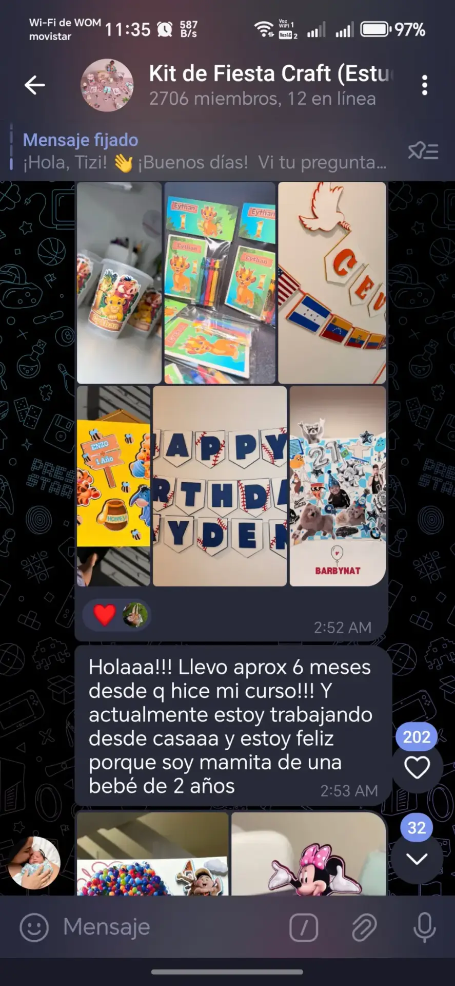 Captura de alumna comentando sus primeras ventas y pedidos de kits