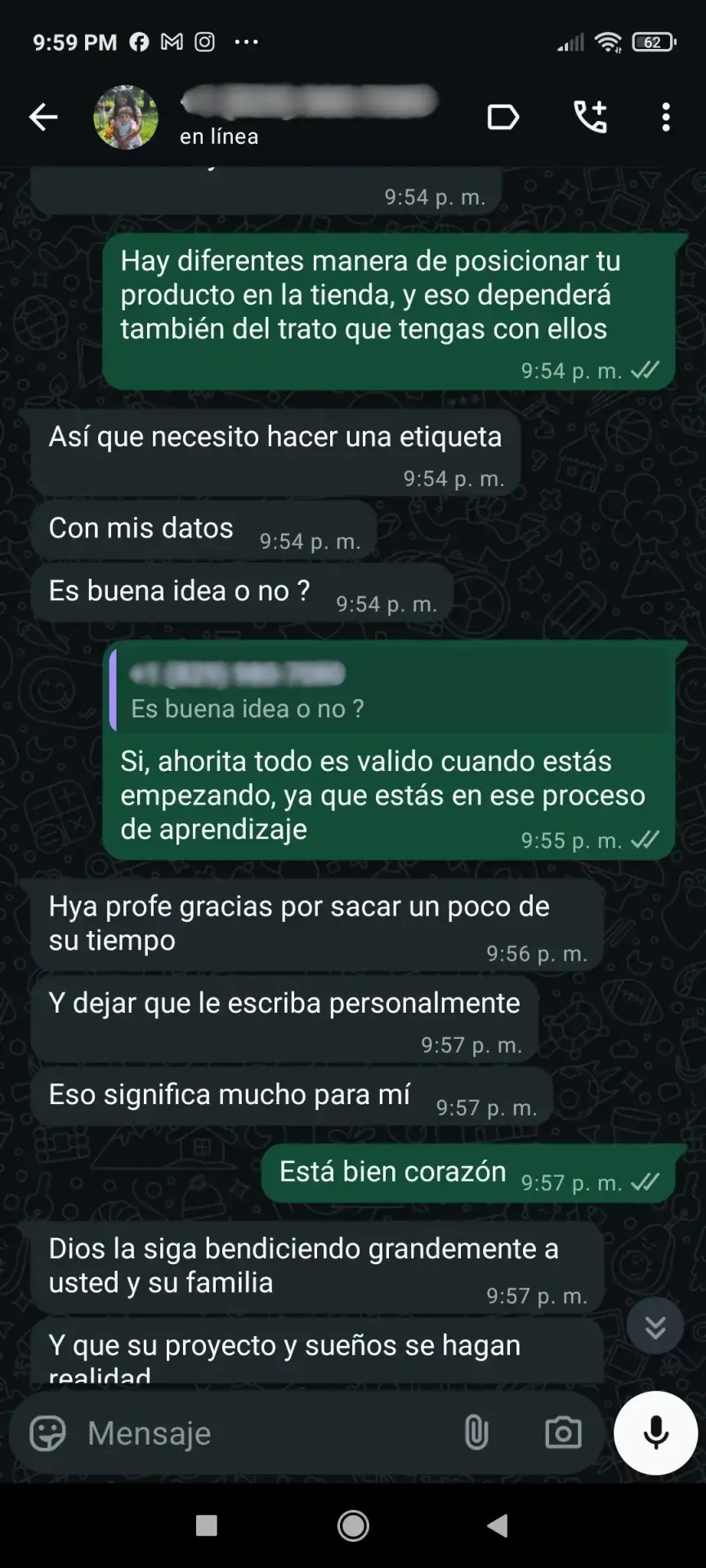 Testimonio de alumna agradeciendo el soporte y acompañamiento en Telegram